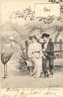 Ősz / Couple with stork, art postcard. B.KW.I. 585/3. s: Th. Bauer (EK)