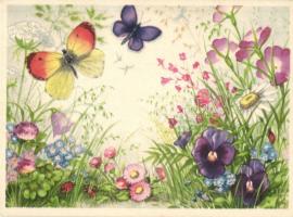 4 db RÉGI virág motívumos képeslap, pillangók / 4 pre-1945 flower motive cards, butterflies