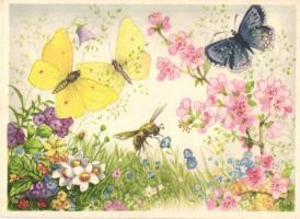 4 db RÉGI virág motívumos képeslap, pillangók / 4 pre-1945 flower motive cards, butterflies