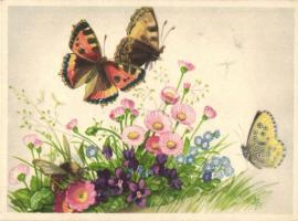 4 db RÉGI virág motívumos képeslap, pillangók / 4 pre-1945 flower motive cards, butterflies