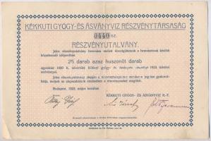 Budapest 1923. Kékkuti Gyógy- és Ásványvíz Részvénytársaság részvényutalvány 25.000K-ról T:II-