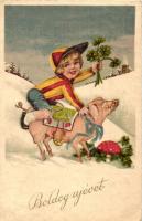 Boldog Újévet! / New Year greeting card with child riding a pig, litho (EK)