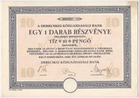 Derecske 1926. Derecskei Közgazdasági Bank részvénye 10P értékben, szárazpecséttel, szelvényekkel T:I,I-