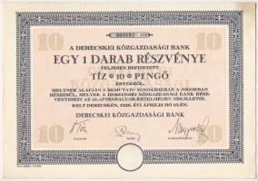 Derecske 1926. "Derecskei Közgazdasági Bank" részvénye 10P értékben, szárazpecséttel, szelvényekkel T:I,I-