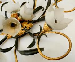 Dekoratív nyolc ágú csillár 12 db égővel és üveg burával kompletten. Festett fém,