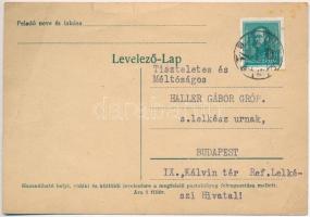 1937 Miskolc, Gróf Haller Gábornak a püspök által küldött levelezőlap