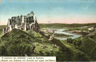 Lippa, Lipova; kilátással a Solymosi várromra és a Máriaradnai kegytemplomra, Özv. Krivány Györgyné kiadása / castle ruins, church (EK)
