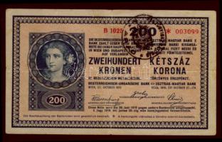 1918. 200K előlapi "Arad Pénzügyigazgatóság" bélyegzéssel, hátlapi korabeli cenzúrás megjegyzéssel T:III
