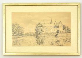 Hajdu jelzéssel: Vár a tónál. Ceruza, papír, üvegezett keretben, 19×32 cm