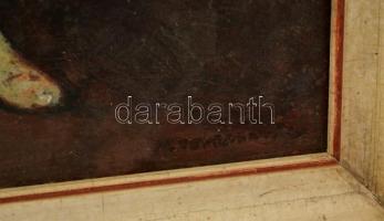 Olvashatatlan jelzéssel: Nő korsóval. Olaj, falemez, sérült, keretben, 54×36 cm