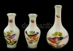 Herendi madár mintás mini váza, 3 db, porcelán, jelzettek, hibátlanok, m: 7 és 8 cm
