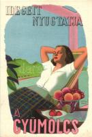 2 db RÉGI magyar egészségügyi kampány propagandalap, gyümölcs reklámlapok: 'Idegeit nyugtatja a...