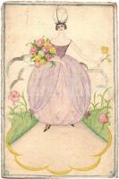 1920 Eredeti kézzel festett magyar szecessziós művészi képeslap, hölgy tollas kalapban / original handpainted Hungarian Art Nouveau postcard, lady in feather hat (EK)
