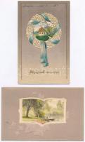 2 db RÉGI dombornyomott üdvözlőlap / 2 pre-1945 Emb. greeting cards, litho
