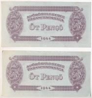 1944. 5P "A Vöröshadsereg Parancsnoksága" (2x) előlapon erősen balra tolódott nyomat T:I-