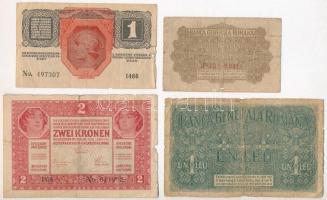 Románia / Német megszállás 1917. 25b + 1L + Magyarország 1916. 1K + 2K minkettő román felülbélyegzés...