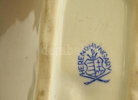 Herendi virág mintás leveles tálka, kézzel festett, jelzett, kopott, 15×9 cm