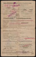 1918 szeptember katonai szabadságigazolvány sok feljegyzéssel, pecséttel /
