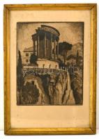 Conrad Gyula (1877-1959): Tempio della Sibilla, Tivoli, rézkarc, papír, jelzett, üvegezett fa keretben, 30×24 cm