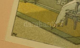 Fritzi Löw (1892-1975): Indulás előtt, színes litográfia, papír, jelzett a litográfián, díszes fa ke...