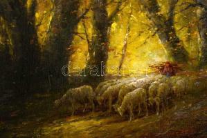 Gutaházy Németh Gyula (1892-1959): Hazatérő juh nyáj. Olaj, vászon, jelzett, restaurált, 40×50 cm