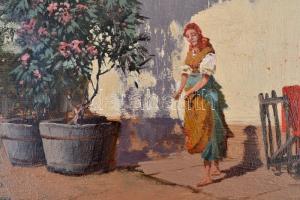 Neogrády László (1896-1962): Szomorkodó parasztlány. Olaj, vászon, jelzett, 25,5×38,5 cm