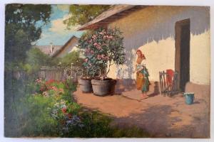 Neogrády László (1896-1962): Szomorkodó parasztlány. Olaj, vászon, jelzett, 25,5×38,5 cm