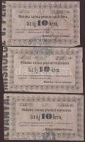 Miskolc 1860. 10kr (3x) mindhárom másképpen nyomtatott "r" betűvel a "krra" szóban, 2db-on azonos bélyegzővel (félbevágva) T:II