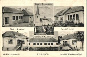 Medvesalja; Básti Római katolikus templom és iskola, Óbásti szövetkezet, Vecseklői iskola és Hulitka vendéglő, Tajti római katolikus iskola / Vecelkov school and restaurant, cooperative shop, Tachty school, church