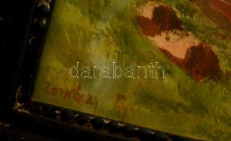 Zorkóczy jelzéssel: Falu. Vegyes technika, papír, üvegezett sérült keretben, 25×34 cm