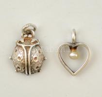 Ezüst(Ag) katica és gyöngyös szív függő, jelzett, bruttó: 1,7 g