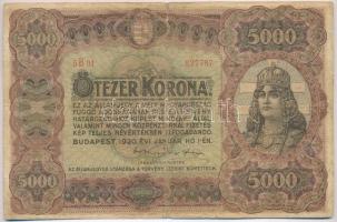 1920. 5000K Orell Füssli Zürich piros sorozat- és sorszám T:III- Hungary 1920. 5000 Korona Orell Füssli Zürich with red serial number C:VG Adamo K38