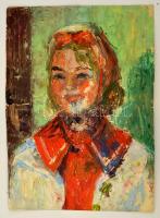 Jelzés nélkül: Piros masnis lány, olaj, papír, sérült, 46×33,5 cm