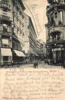 Vienna, Wien I. Weihburggasse mit Hegers Hotel Kaiserin Elisabeth, Modehaus, Zwieback, Hardtmuth. C. Ledermann jr. 1236. / street view with hotel and shops