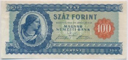 1946. 100Ft vízjeles papíron T:III szép papír, részben restaurált Hungary 1946. 100 Forints on watermarked paper, C:F nice paper, partially restored Adamo F26