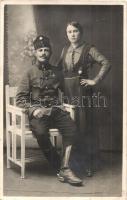 K.u.K. huszár katona kitüntetésekkel és feleségével / Austro-Hungarian hussar with medals and his wife, photo (ragasztónyom / glue mark)
