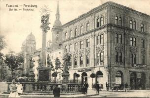 Pozsony, Pressburg, Bratislava; Hal tér a zsinagógával, Rezsmák J. Imperial Kávéháza, Hazai Általános Biztosító, Szentháromság szobor. "Bediene dich allein"  / Fischplatz / square, synagogue, cafe, insurance company, monument  (EK)