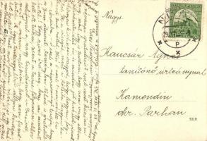 Nagycétény, Velky Cetín; Községháza, híd, üzletek, kerékpárosok / town hall, bridge, shops, men with...