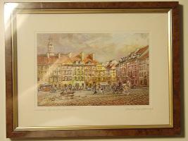 Varsó óvárosi piactér szignós nyomat keretben, eredeti csomagolásban