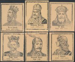 cca 1930 Magyar történelmi személyiségek, uralkodók gyűjtőkártyái, 6 db (Szent László, Könyves Kálmán, Hunyadi János, stb.), 7,5x6,5 cm