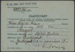 1941 Bp., A M.kir. honvéd tüzér szertár parancsnoksága által kiadott igazolvány Kelet-Magyarország és Erdély egy részének visszacsatolása emlékére alapított emlékérem viselésének jogosultságáról