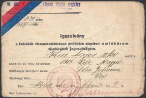 1940 Bp., A M.kir. 1. honvéd tábori tüzér osztály által kiadott igazolvány Felvidék visszacsatolásának emlékére alapított emlékérem viselésének jogosultságáról