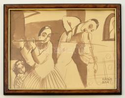 Kádár jelzéssel: Zenélő pár. Lavírozott tus, papír, üvegezett keretben, 28×37 cm