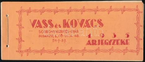 1935 Bp. II., Vass és Kovács Sodronykerítésgyár árjegyzéke, képekkel illusztrált, borítékkal