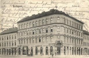 1905 Budapest XIII. Aréna út (Dózsa György út) és Lehel út sarok, Caffe Margit kávéház, Hirschler Samu pálinkakereskedése, Verständig E. üzlete, borbély, M. T. és F. V. Koch és Pór kiadása (EK)