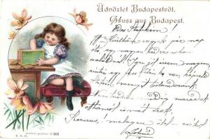 1899 Budapest, Üdvözlőlap kislánnyal, floral, litho (EK)