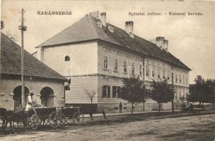 Karánsebes, Caransebes; utcakép a Katonai kórházzal, szekér / street view with military hospital, carriage
