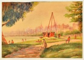 Sostarics Lajos (1896-1968): Óbuda a szigetről cca 1950. Akvarell, papír, jelzett, 22,5×31 cm