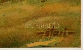 Sostarics Lajos (1896-1968):  Óbuda a szigetről cca 1950. Akvarell, papír, jelzett, 22,5×31 cm