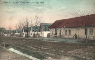 Alsónémedi, Alszegi rész, utcakép üzlettel. Reinkopf János kiadása